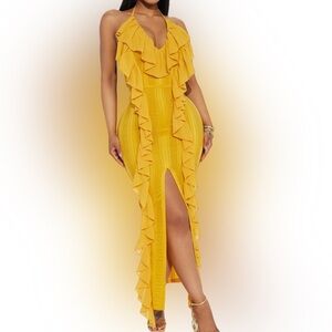 Divine Ruffle Maxi Dress | Fashion Nova Mustard Backless Ruffle Dress